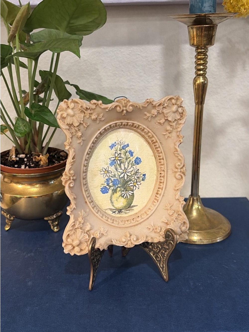 Vintage Signed Watercolor Mini Floral Bouquet Ornate Framed Painting French